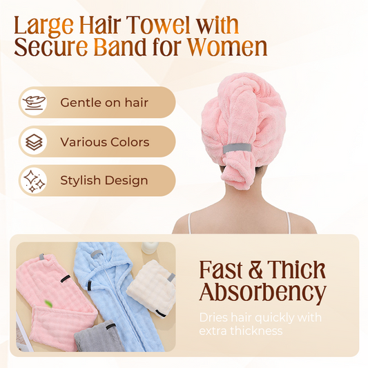 🛁  Toalla grande para el cabello con cinta segura para mujeres