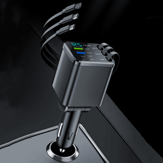 Cargador rápido retráctil para coche 7 en 1 con indicador de voltaje